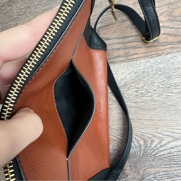 Fossil Tara Leather Crossbody Bag Black Brown Colorblock Gold Hardware - Picture 9 of 16